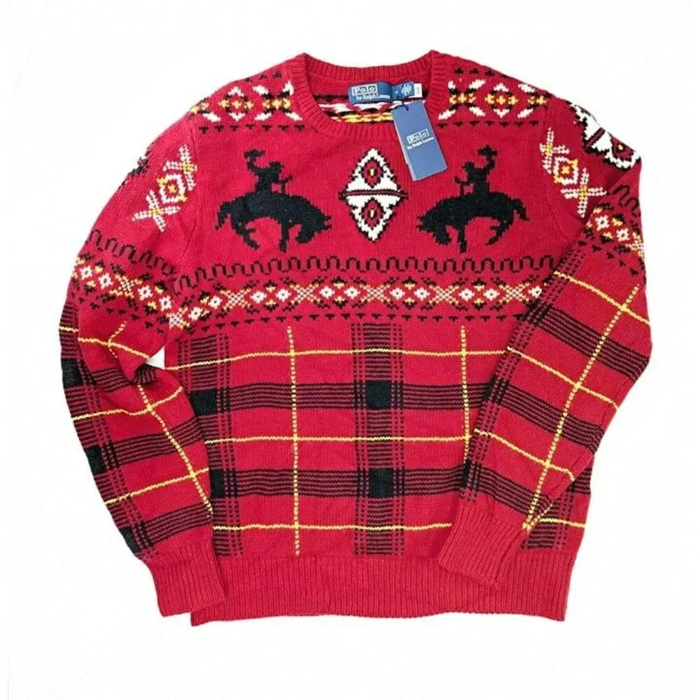 Polo Ralph Lauren Men's Red Western-Inspired Fair Isle Sweater Size L MSRP $498